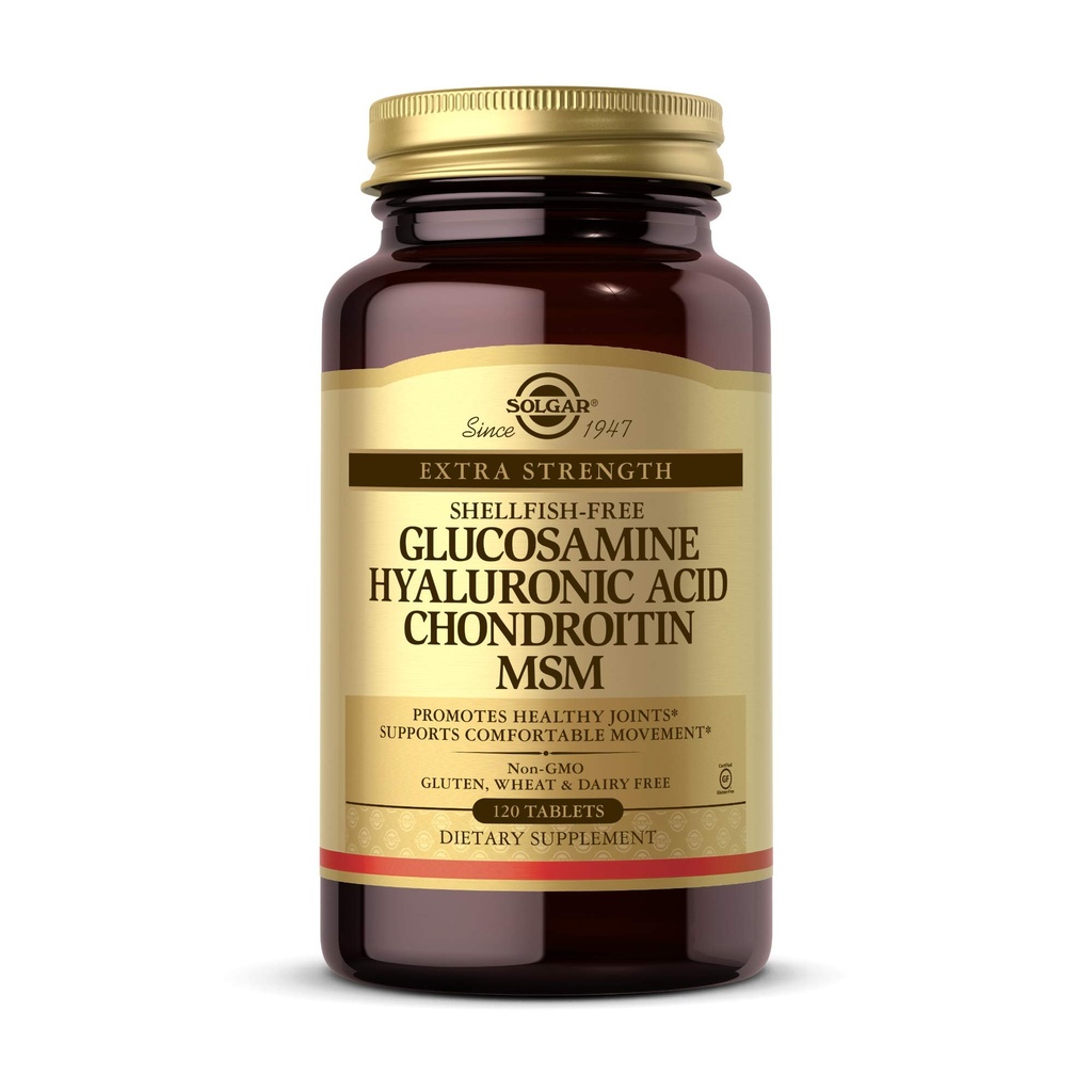 Solgar Glucosamină Acid hialuronic Chondroitin MSM, 120 comprimate - Sprijină articulații sănătoase - Sprijină gama de mișcare și flexibilitate - Extra Putere, Shellfish gratuit - non-GMO, gluten gratuit - 40 Serviri