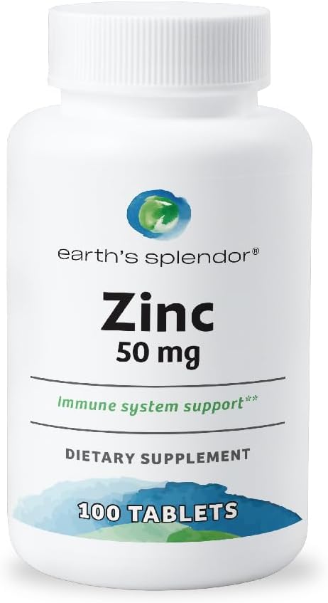 Suplimente de sprijin imunitar Splendor Pământului, cu zinc 50mg, ajută la menținerea sănătății pielii, grâu fără, fără culoare artificială sau aromă, Suplimente minerale pentru bărbați și femei (100 comprimate)