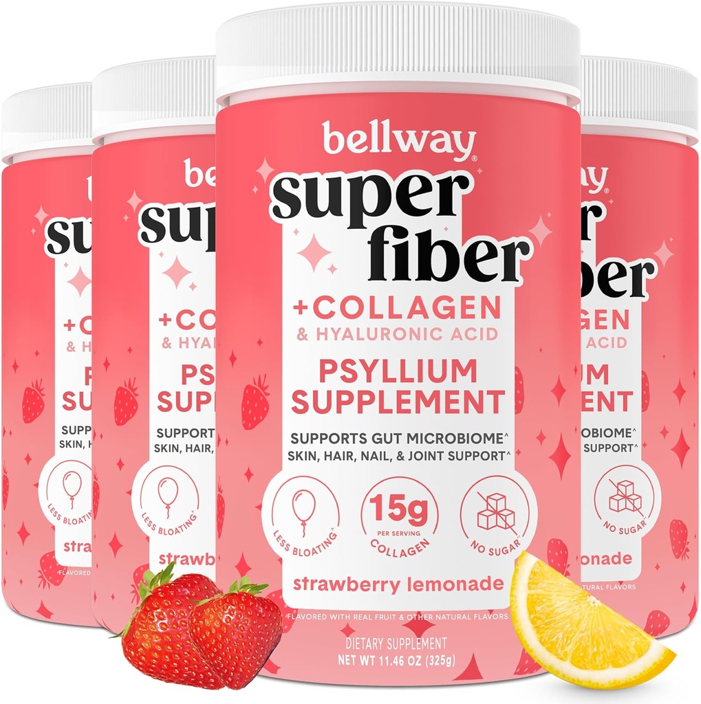 Bellway Super Fiber Powder + Colagen (4 Pack), Psyllium Husk Powder fără zahăr cu Colagen Peptides pentru sănătate gută, piele sănătoasă, unghii, oase și articulații, căpșuni Lemonade (45,84 oz)