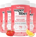 Bellway Super Fiber Powder + Colagen (4 Pack), Psyllium Husk Powder fără zahăr cu Colagen Peptides pentru sănătate gută, piele sănătoasă, unghii, oase și articulații, căpșuni Lemonade (45,84 oz)