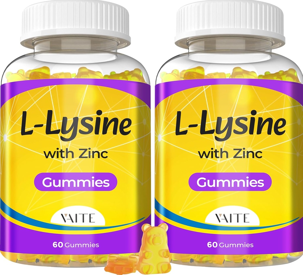 L Lysine Gummies 1000mg cu zinc - Suporturi piele, Lip, Vegan, Gluten gratuit, 60 L-Lysine masticabile pentru adulți, Vitamine Sanatate tisulara si sistemul imunitar, Amino Acid & Suplimente complexe, Non-GMO(2Pack)