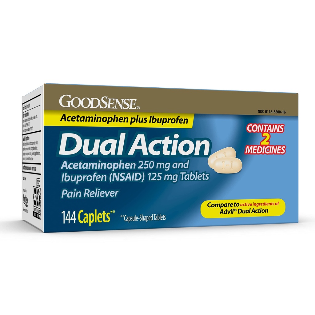 GoodSense Dual Acţiune Acetaminofen 250 mg şi Ibuprofen (AINS) 125 mg comprimate, Durere Reliever pentru Reliever durere de cap Relief, Artrită Durere Relief şi mai mult, 144 Conte
