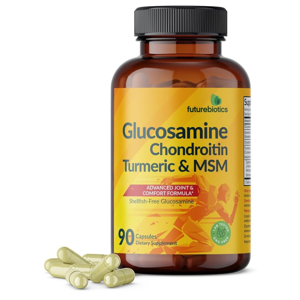 Futurebiotics Glucosamină Chondroitin Turmeric & MSM Advanced Joint Formula, sprijină articulații sănătoase și mobilitate - non-GMO, 90 capsule