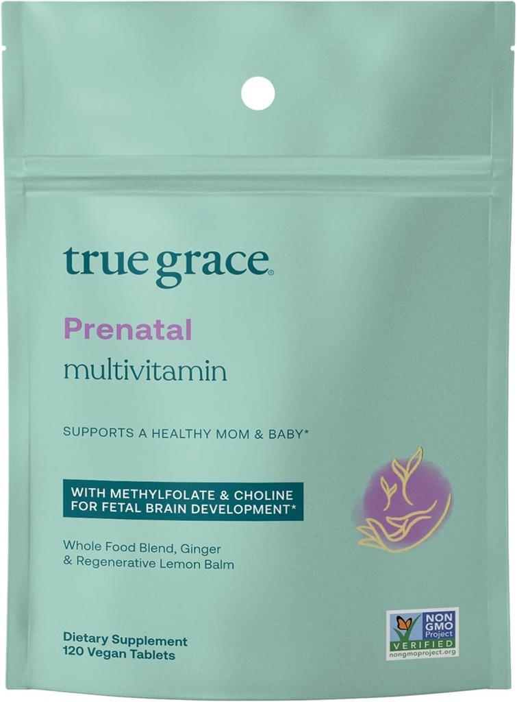 True Grace Prenatal Multivitamine Refill Pouch - 120 comprimate Vegan - Sprijină o mamă sănătoasă și copil cu metilfolat & colină pentru dezvoltarea creierului fetal - Gluten gratuit, soia gratuit - 60 Serviri