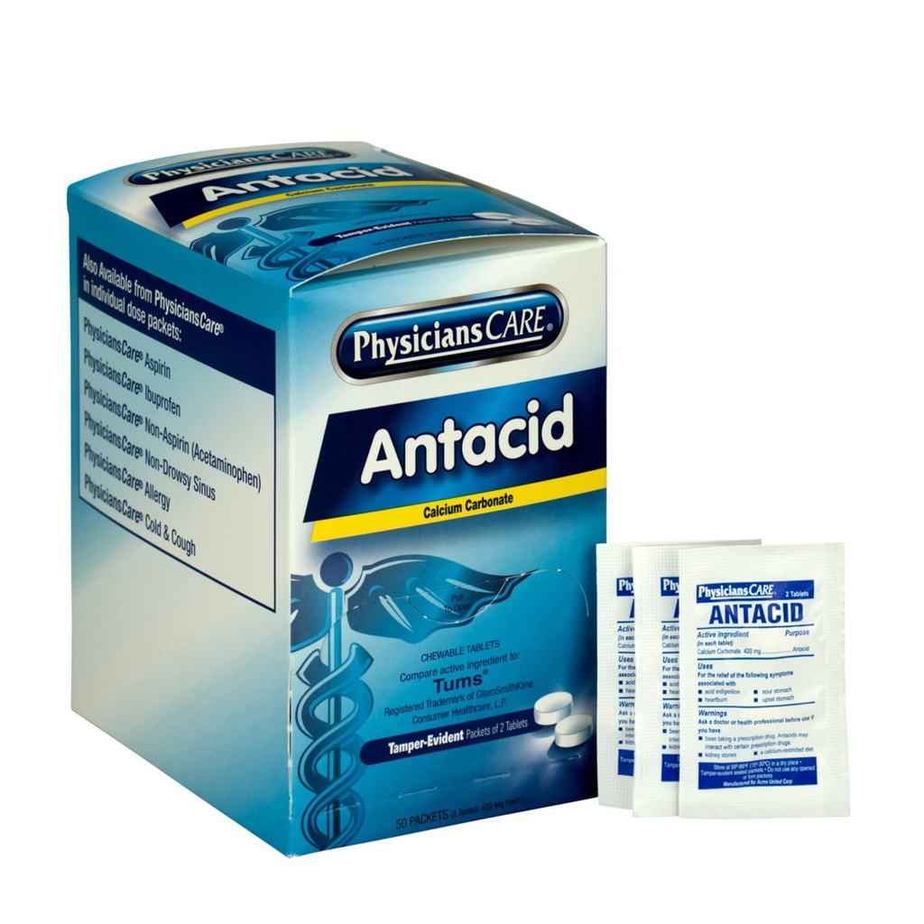 MediciCare Antiacid ars la stomac medicamente (Comparativ cu Tums), 50 Doze de două comprimate, 420 mg
