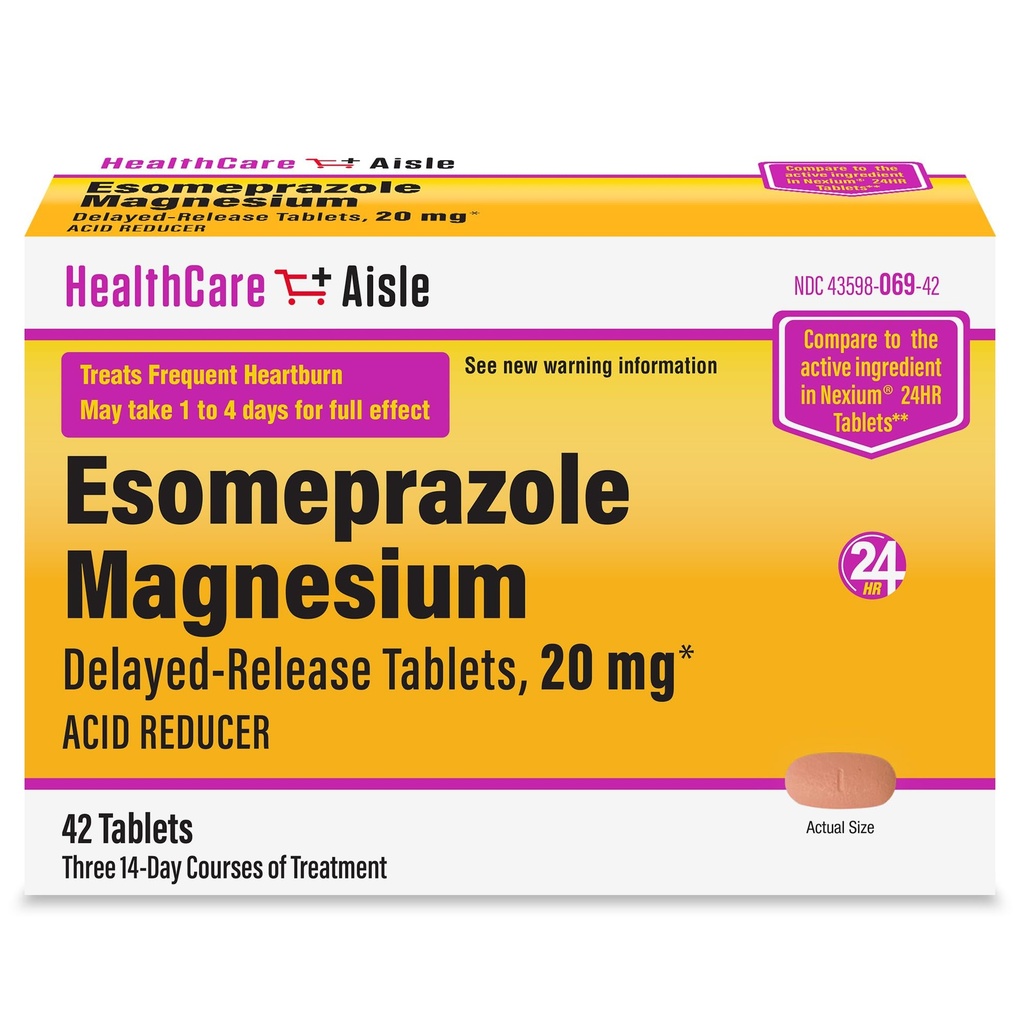 HealthCareAisle Esomeprazol Magneziu Tablete cu eliberare întârziată, 20mg - 42 Numărare - Reductor de acid, Provoacă ajutor la arsuri la stomac
