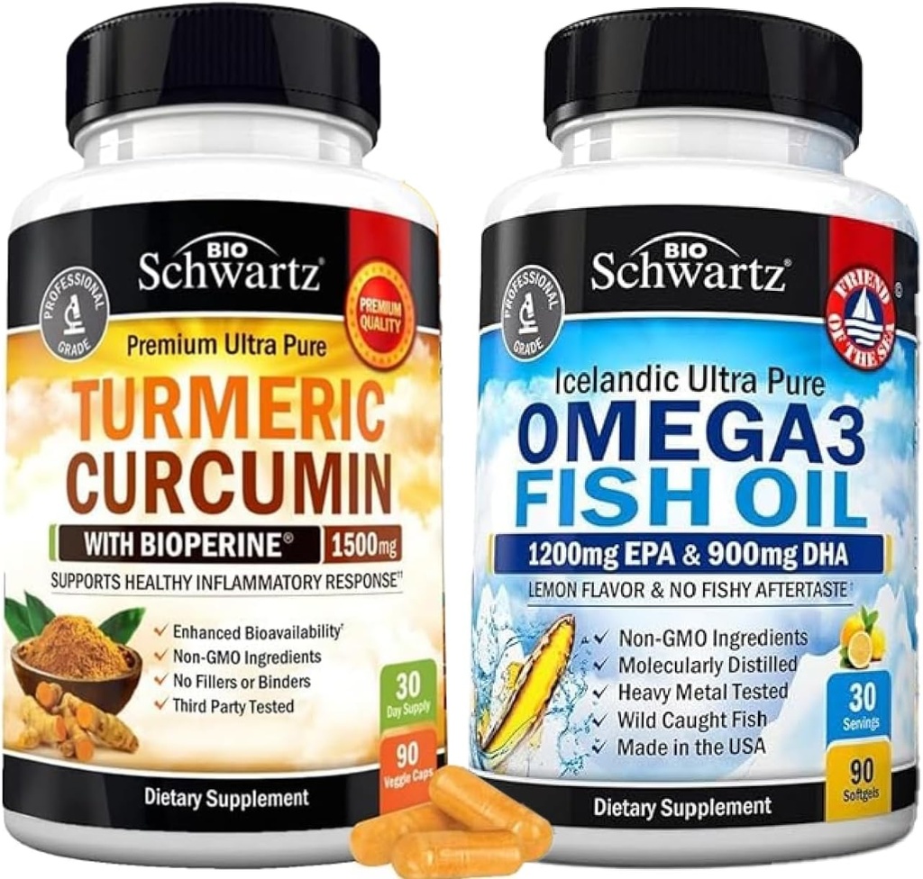 Putere triplă Omega 3 Softgels ulei de pește (1 lună de aprovizionare) Plus Curcumin Turmeric cu extract de piper negru 1500mg Complex (1 lună de aprovizionare)