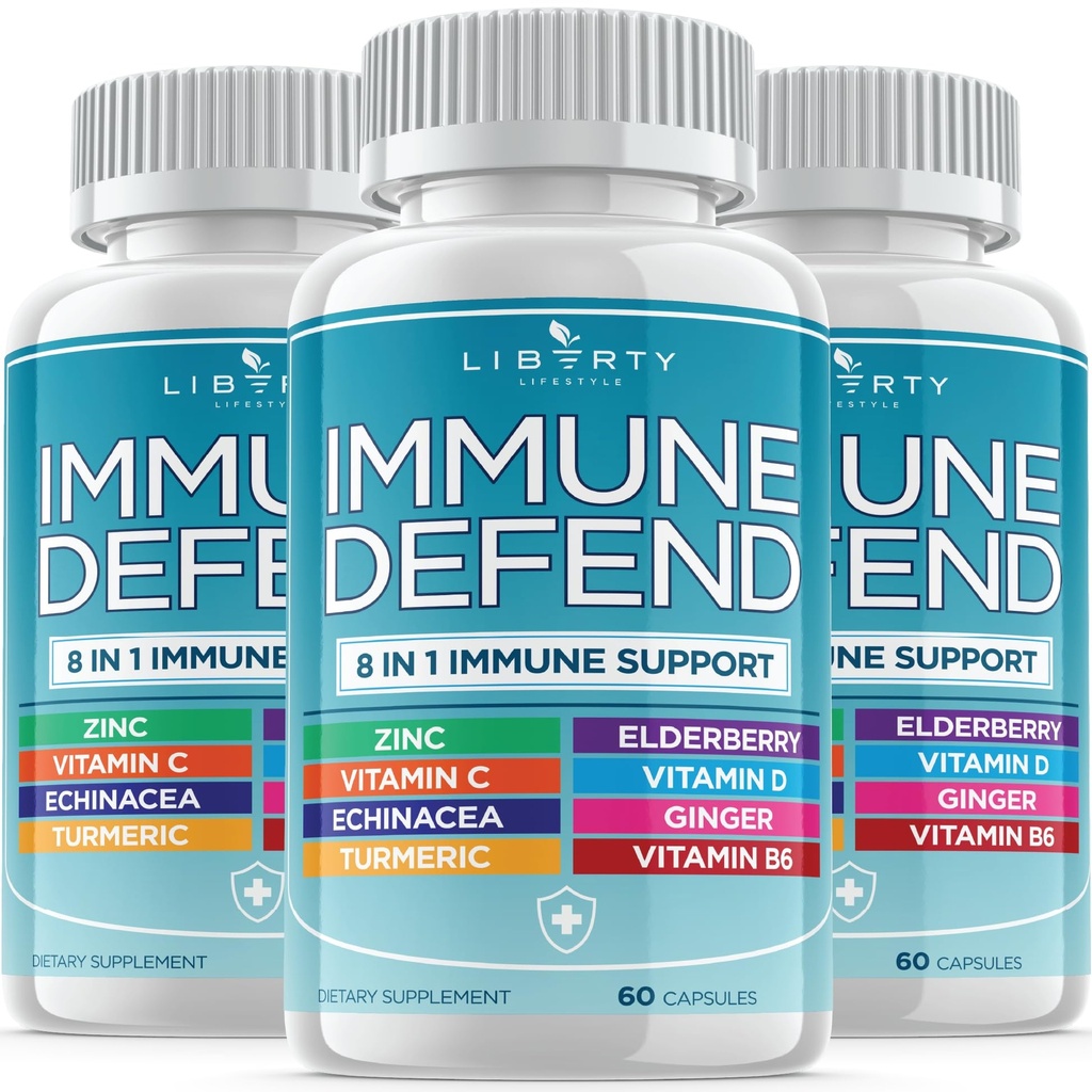 8 din 1 Imunity Defense Supplement Supplement Vitamine Imunity Booster cu Zinc 50mg, Vitamina C Elderberry VIT D3 5000 UI, Curcumin Turmeric & Ginger, Echinacea - Alergie Ajutor pentru copii Adulți