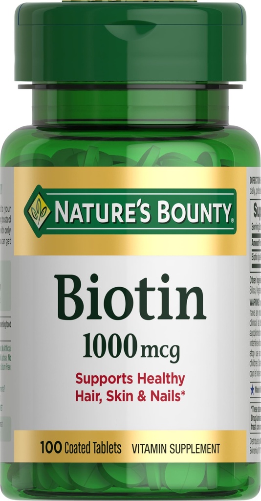 Natura lui Bounty Biotin, susține metabolismul pentru energie și sănătos păr, piele, și unghii, 1000 mcg, 100 comprimate