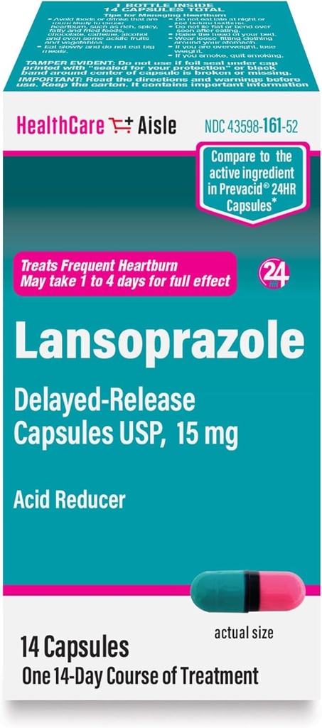 HealthCareAisle Lansoprazol 15 mg - 14 Capsule cu eliberare întârziată - Reductor de acid, tratează frecvent arsuri la stomac