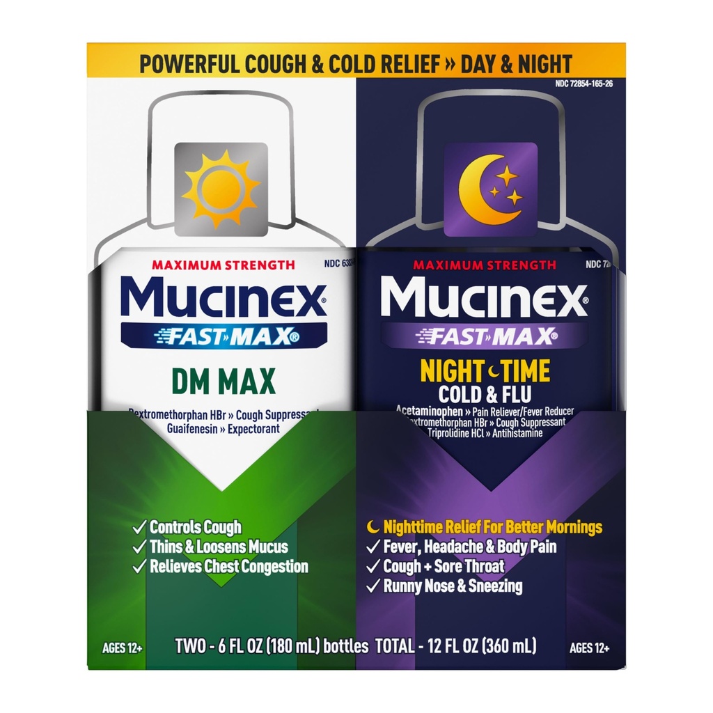 Putere maximă Mucinex FastMax DM Max & Mucinex Nightshift Cold & Flu Liquid (2 x 6 fl. oz.) Thins & Loosens Mucus, Relieves Tuse & Congestie toracică, Durere, Febră, Strănut, Sore Throat, Runny Nose