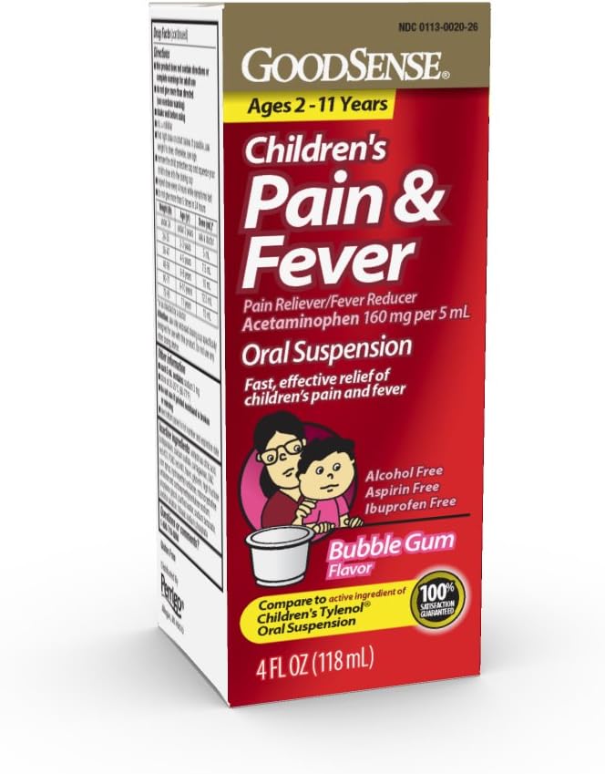 GoodSense pentru copii Relieiver lichid, Bubble Gum Flavor, Acetaminofen 160 mg/5 ml, Eficient Pain Relief/Fever Reductor pentru copii Vârsta 2-11, 4 Oz