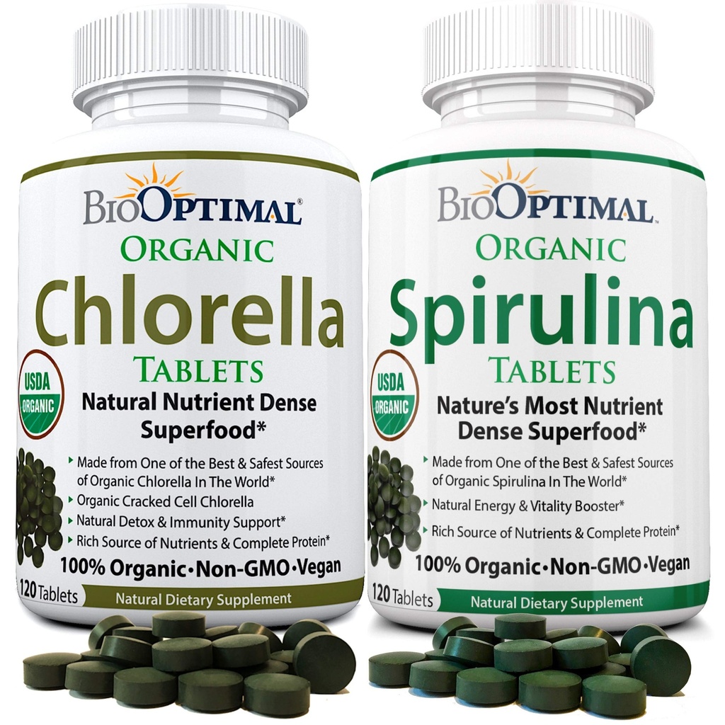 BioOptimal Chlorella Spirulina - Bundle - Organic Chorella Tablets & Organic Spirulina Tablets, 120 Conte Fiecare, Premium Quality 4 Certificari organice