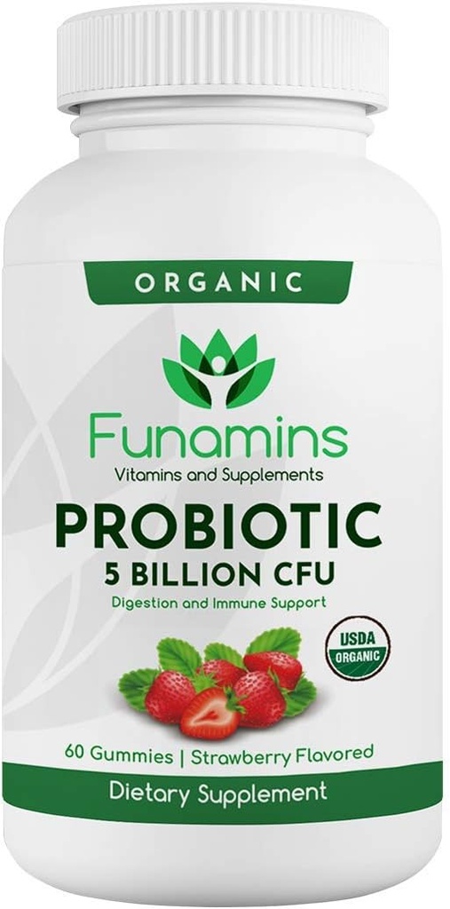 Gume probiotice organice, 5 miliarde CFU per servire, 60 Conte, Vegan, Sprijină Sănătate Digestivă și Apărare Imună, pentru femei și copii; Aroma de căpșuni