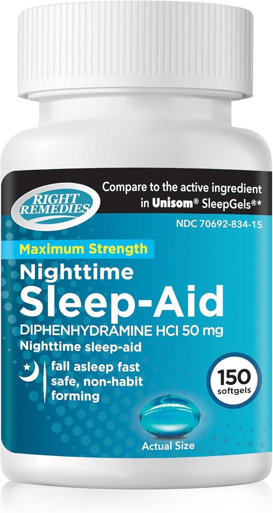 Somn de dormit Softgels, (150 softgels), Difenhidramină HCI 50 mg, Fall Asomn Rapid, Sprijină mai adânc, somn odihnitor