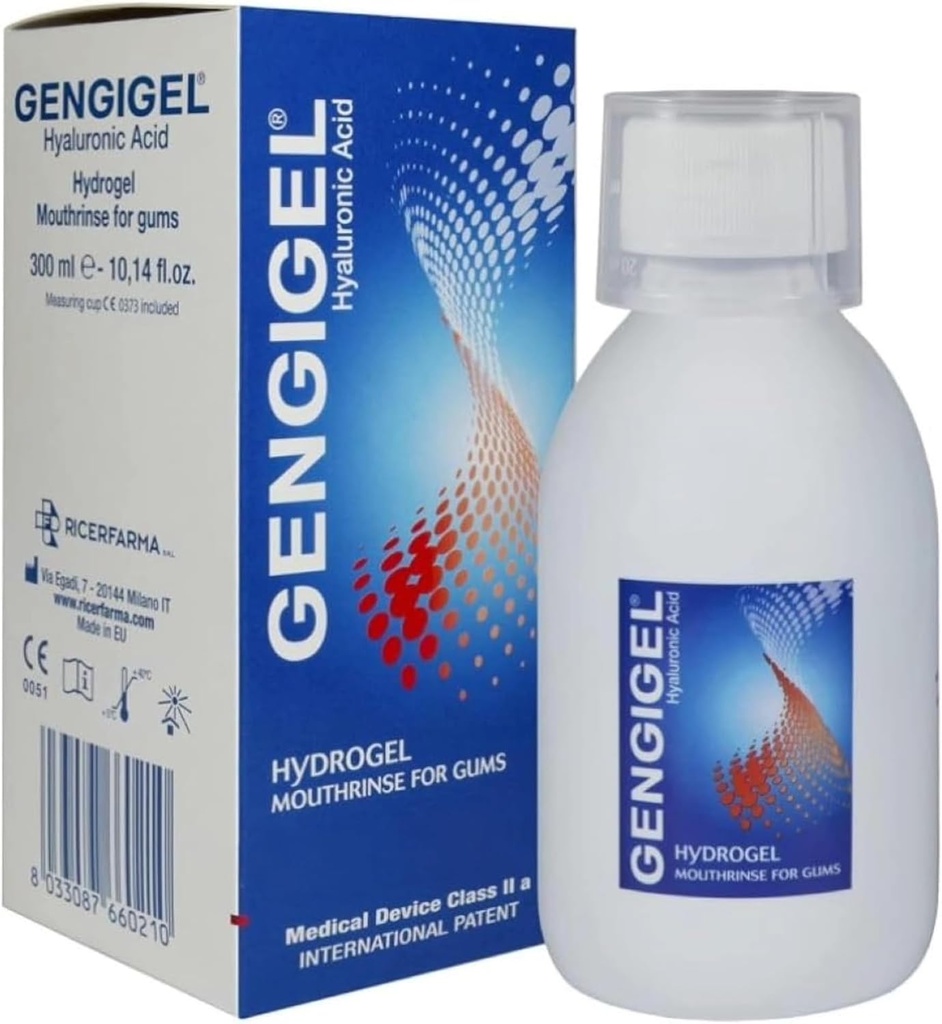 Gengigel Acid hialuronic Moutrinse (300 ml), Soluţie de îngrijire orală pentru sănătatea gingiilor, Reduce discomfortul, ajută la eliminarea recesiunii şi gingivitei gingice, fără alcool sau SLS, Vegan & Kosher