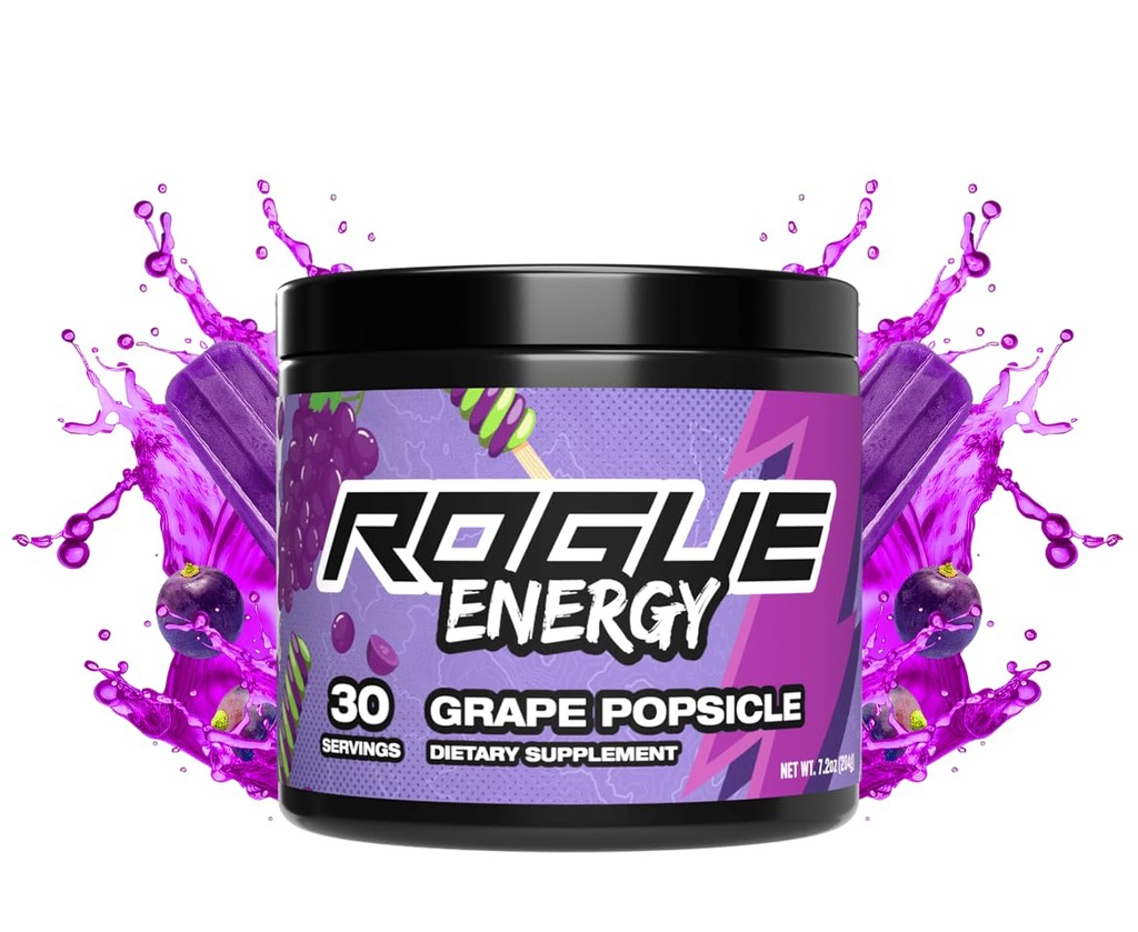Rogue Energetic Drink Powder for Long Gaming Hours - Gaming Energy Powder for Mental Focus - Sugar & Gluten Free - Gaming Supplement with Caffeine & Vitamins - Made in USA (Grape Popsicle - 30 Servings)