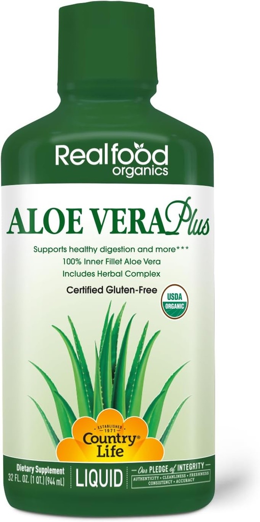 Country Life Realfood Organics Lichid Aloe Vera Plus - Suporturi Digestive Health & Immune System - cu Slippery Elm, Ginger, Turmeric, Peppermint - Organic ACTIValoe, Qmatrix Process - 32 oz