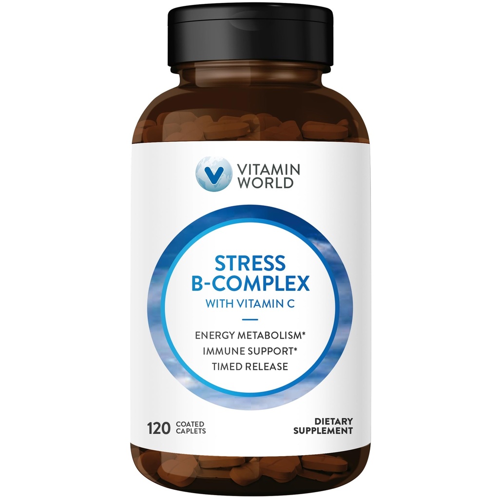 Vitamina World Stress Vitamina B Complex cu vitamina C, eliberare temporizata Vitamina B6, B12, Niacin, Folate & Biotina pentru stres, energie, suport metabolic si imun, non-GMO, 120 Caplete