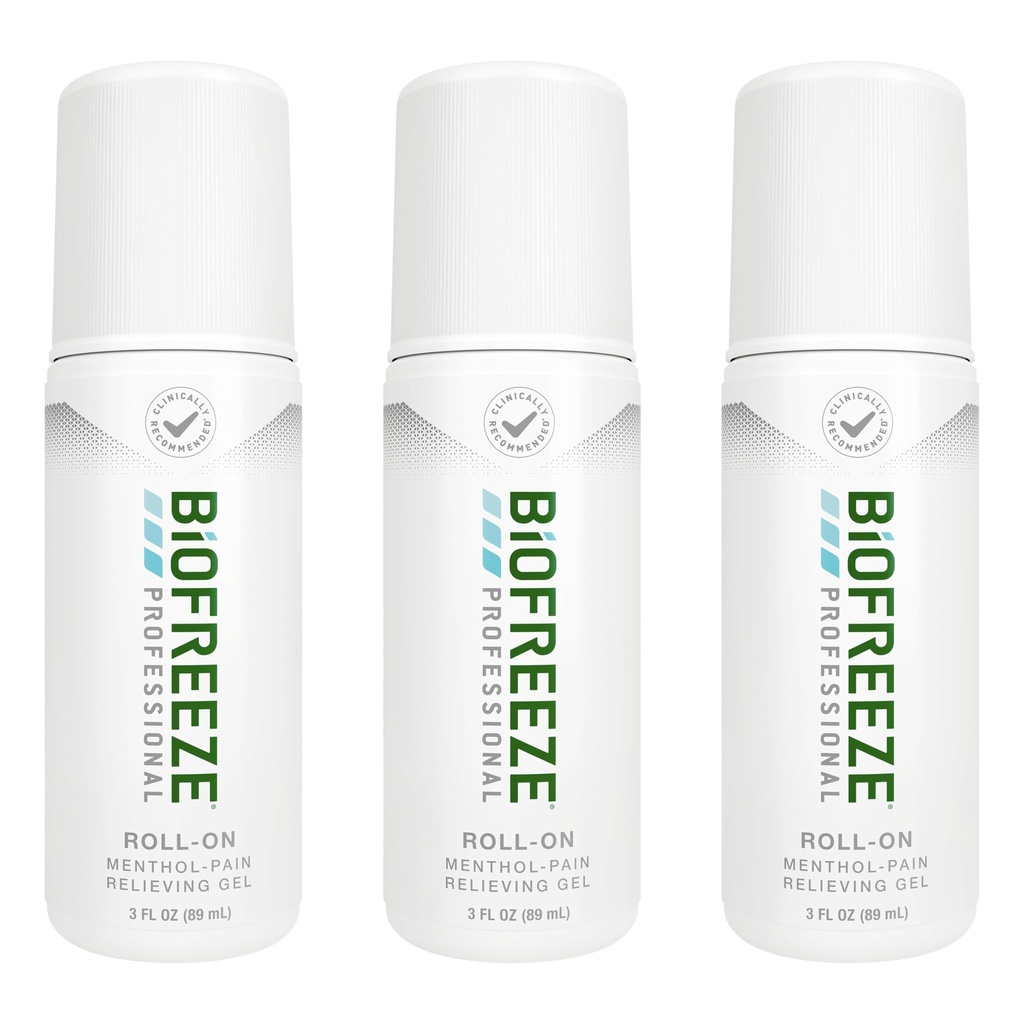 Biofreeze Professional Pain Relief Roll On pentru genunchi, gât, Hip, comun, & Umăr, Durere de spate simplă Reliever, Dureri musculare Sore, Mentol Mentol Gel 3 Fl Oz (Pachet de 3)