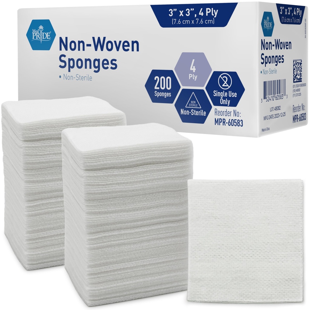 MED PRIDE 3x3 in Pads 200 Packs, Nonsterile, 4 Ply, Bandaje Nonadherent Mesh, Absorbtive Wound Care Spongee
