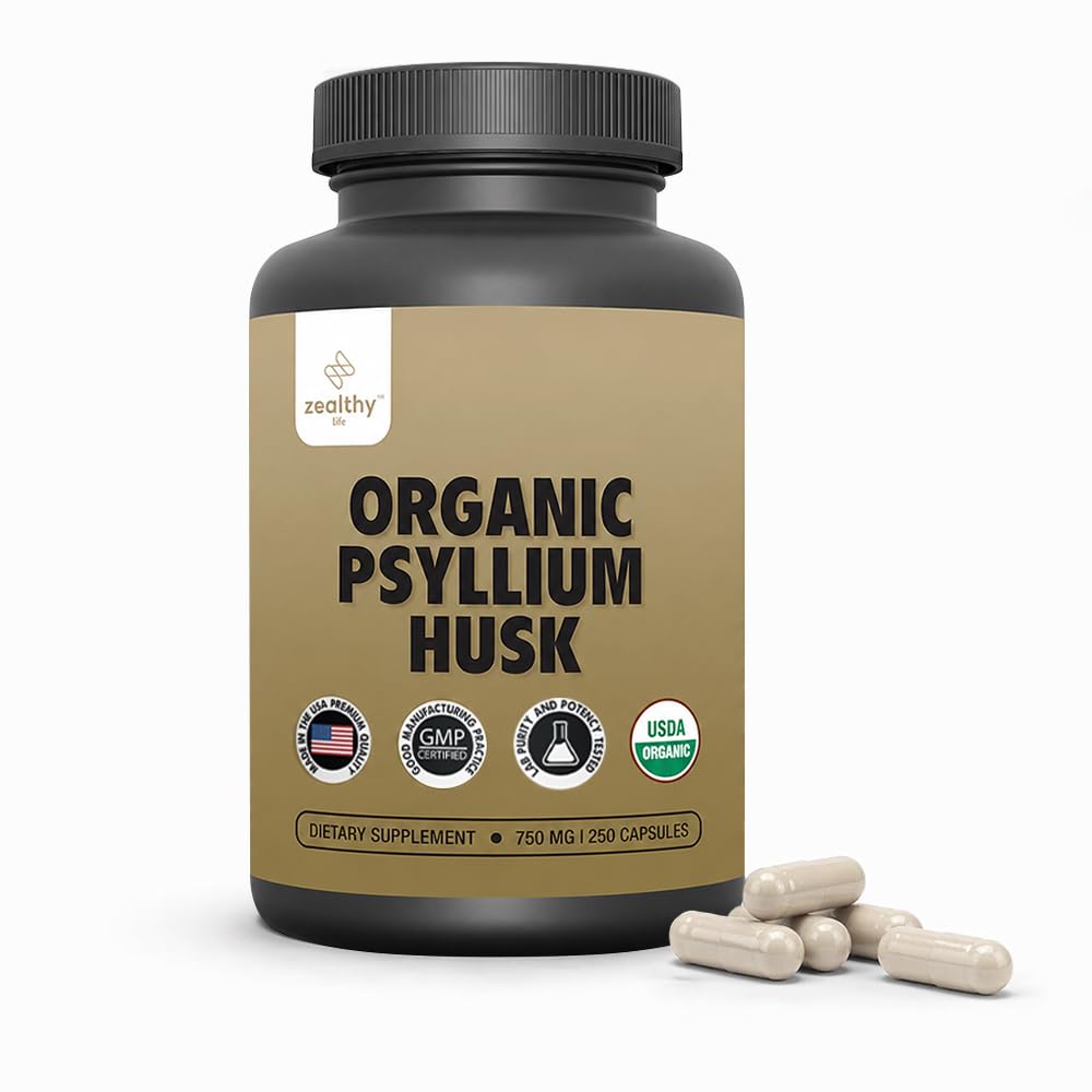 Capsule organice Psyllium Husk 750 mg, Supliment de fibre naturale pentru sănătate gută * - Alternative la Psyllium Husk pulbere, Zealty Life, 250 capsule