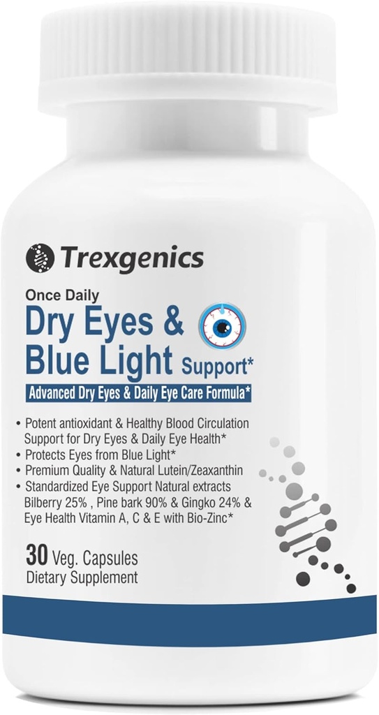 Trexgenics Dry Eyes & Blue Light Support Once Daily Vegetarian Formula cu lutein 10mg, Zeaxantină 2mg, Bilberry, Ginkgo, Pine Bark, Vitamina C, Zinc & Vitamina A (30 Veg Capsule)