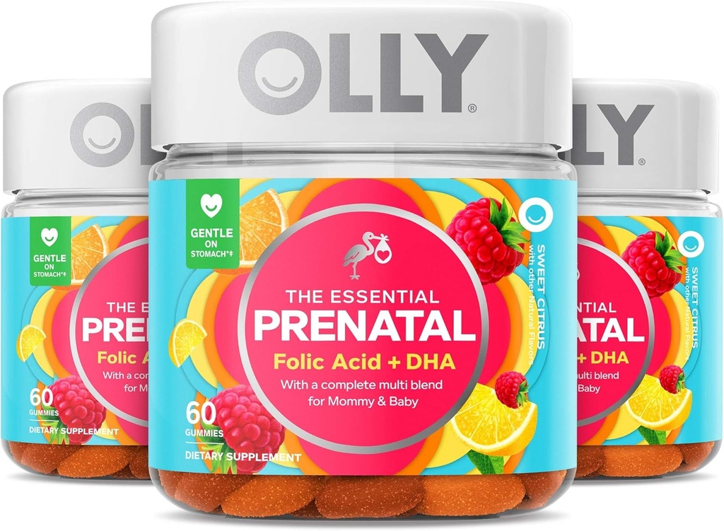 Olly Prenatal Multivitamine Gummy, Acid folic, Vitamina D, Omega DHA, Supliment masticabil, 60 Gummies Citrus 3 Count