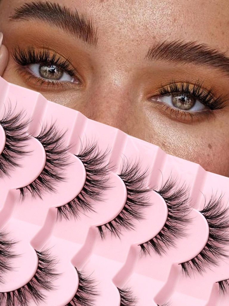 Lashes Natural Cat Eye Lashes Wispy Genelases 15mm False Genelases Wispy Lashes 3D Volume Strip Genelases Thin Cotton Band moale Fake Genelases False Lashes Pack 7 Perechi Siligli
