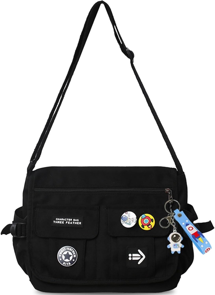 Fashion Crossbody Bag cu accesorii drăguțe Nylon Casual Messenger Bag cu Pendant Lightweight Handbag Day Packags (negru)