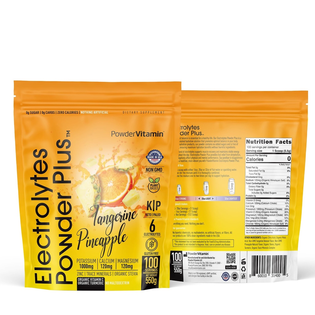 PulbereVitamina Electroliti Pulbere Plus (100 Serviri) Tangerine Ananas Electrolit Pulbere Zero Calorie Keto,0Sugar, No Maltodextrin,1000mg Potasiu,120mg Calciu,120mg Magneziu, Pulbere de hidratare