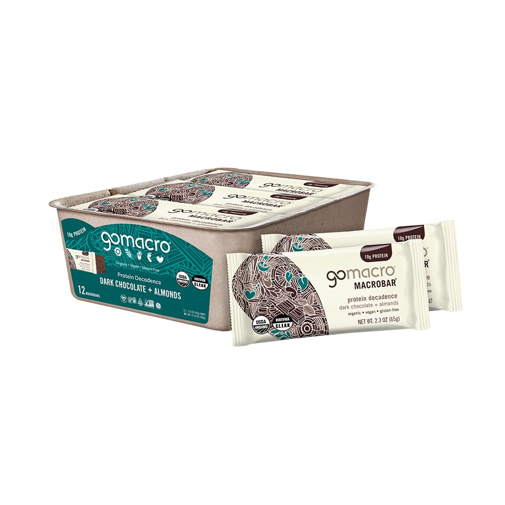 Baruri de proteine organice din Vegan GoMacro MacroBar - Ciocolată neagră + Migdale (2,3 Ounce Bars, 12 Conte)