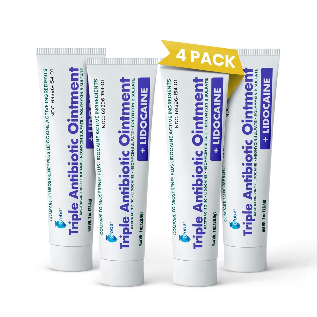 Globe (4-Pack) Lidocaină Primul ajutor Antibiotic Unguent 1 Oz - Rezistenta maxima Durere de relief si protectia infectie - Numbs Skin Rapid cu Lidocaină - Use & Infectii de urgenta Protectie