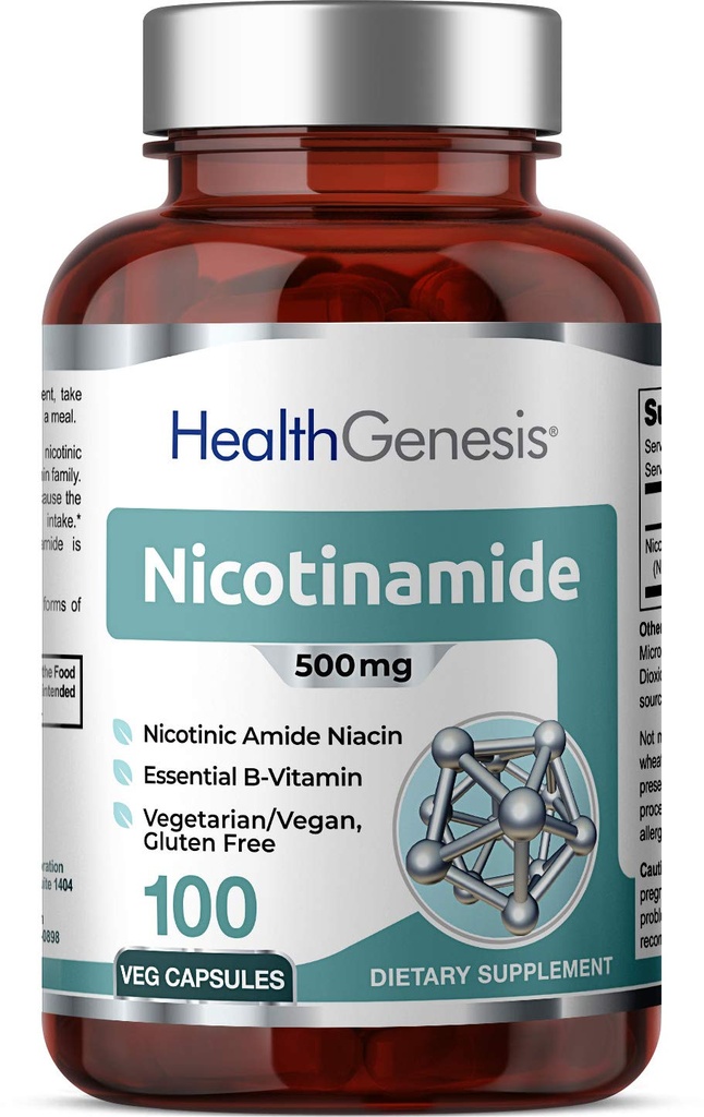 B-3 Nicotinamida 500 mg 100 Vcaps - Nicotinic Amide Niacin Natural Flush-Free Vitamina Formula - Sprijină sănătatea celulelor pielii