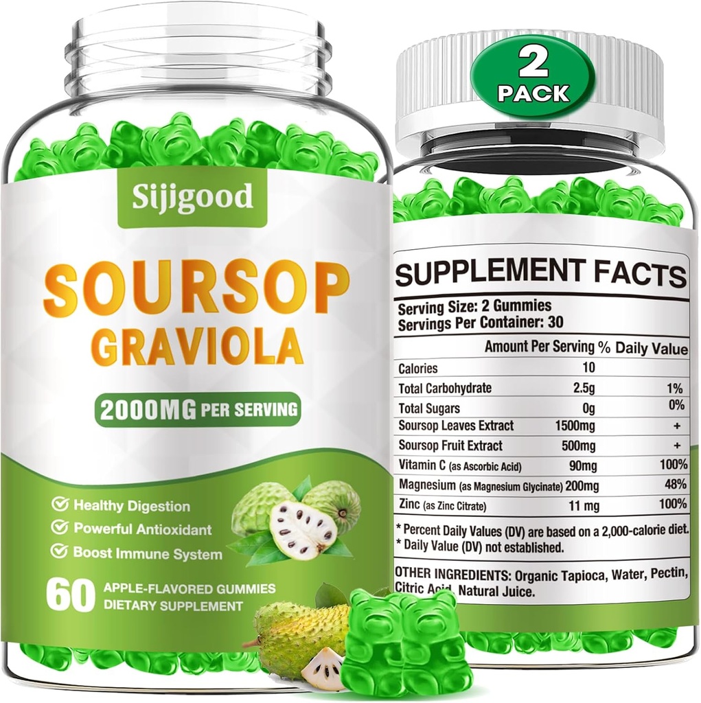 2 Pack Soursop Graviola Gummies - Ecologic Soursop Frunze și extract de fructe - Digestive Aid, Immune Support & Antioxidant Properties - 120 Apple arome Gummes