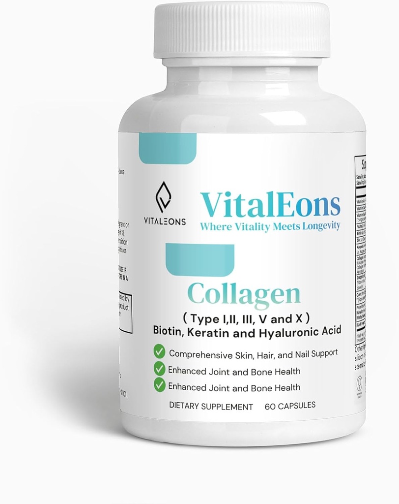 Colagen Hair, Piele şi Nail Supliment pentru femei - Tipul I, II, III, V, X, Colagen Capsule îmbunătăţite cu Biotin, Keratina & Acid hialuronic - Piele cuprinzătoare, Hair & Nail Support