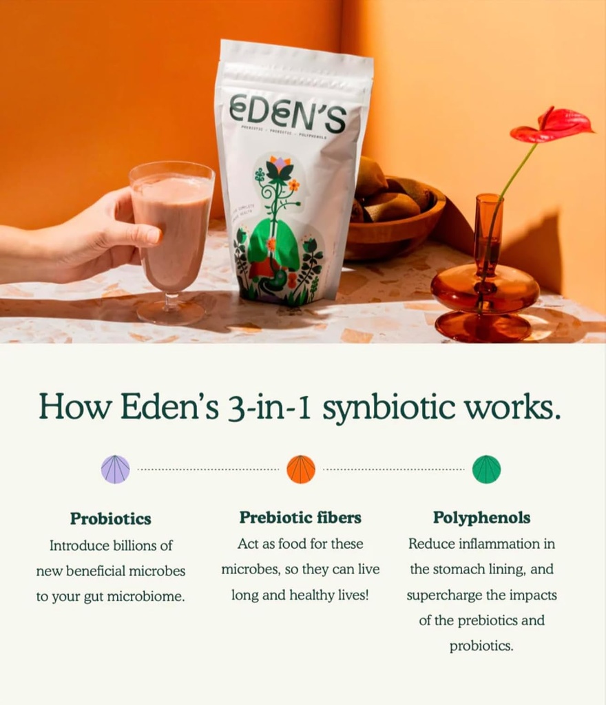 Suplimentul Sinbiotic 3-in-1 al Edenului, Prebioticele, Probioticele şi Polifenolul Gut Health Supliment, O dată pe zi, 8g de Fibră