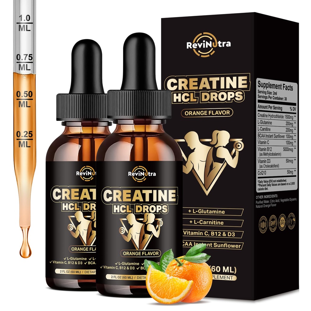 2 Pack Creatine HCL Picături lichide pentru bărbați și femei, 1500 mg Creatină lichidă clorhidrat, Absorbție ridicată, 2 Fl Oz, aromă de portocale fără zahăr