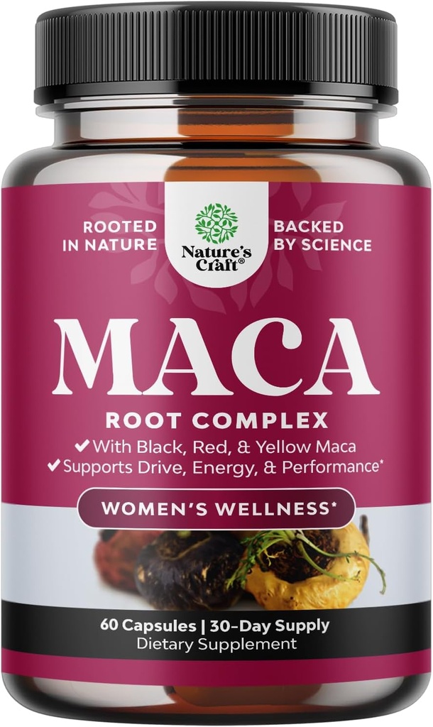 Capsule de rădăcină organic Maca pentru femei - Potent Herbal Supliment cu Femeie Mărirea amestec de roşu galben şi negru Maca rădăcină - non-GMO certificat Vegan şi gluten-Free fără culori artificiale - 60ct