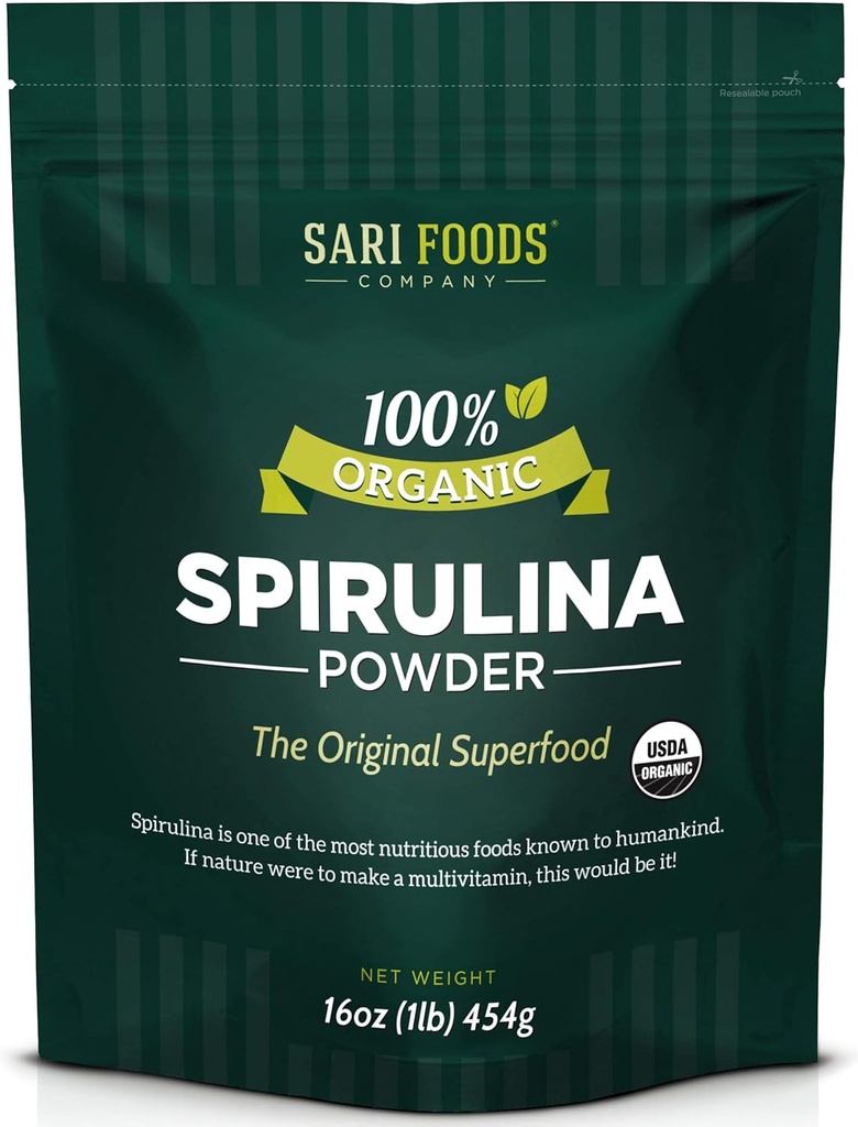 Pulbere organică Spirulina (16 Ounce): Natural Vegan, Provizii Folate, Vitamina B12, Fier, Acid gras Omega, GLA, Beta Caroten, Clorofila, Aminoacidi