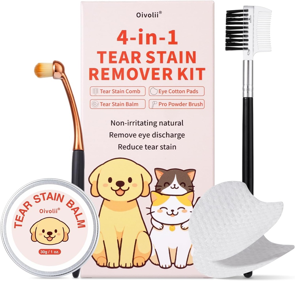 Tear Stain Remover Kit pentru câini și pisici cu Tear Stain Comb, Tear Stain Balm, Eye Cotton Pads, Pro Powder Brush Scoateți Gently Tear Stain, Debris ochi, Descărcare de gestiune, Secretele Mucus