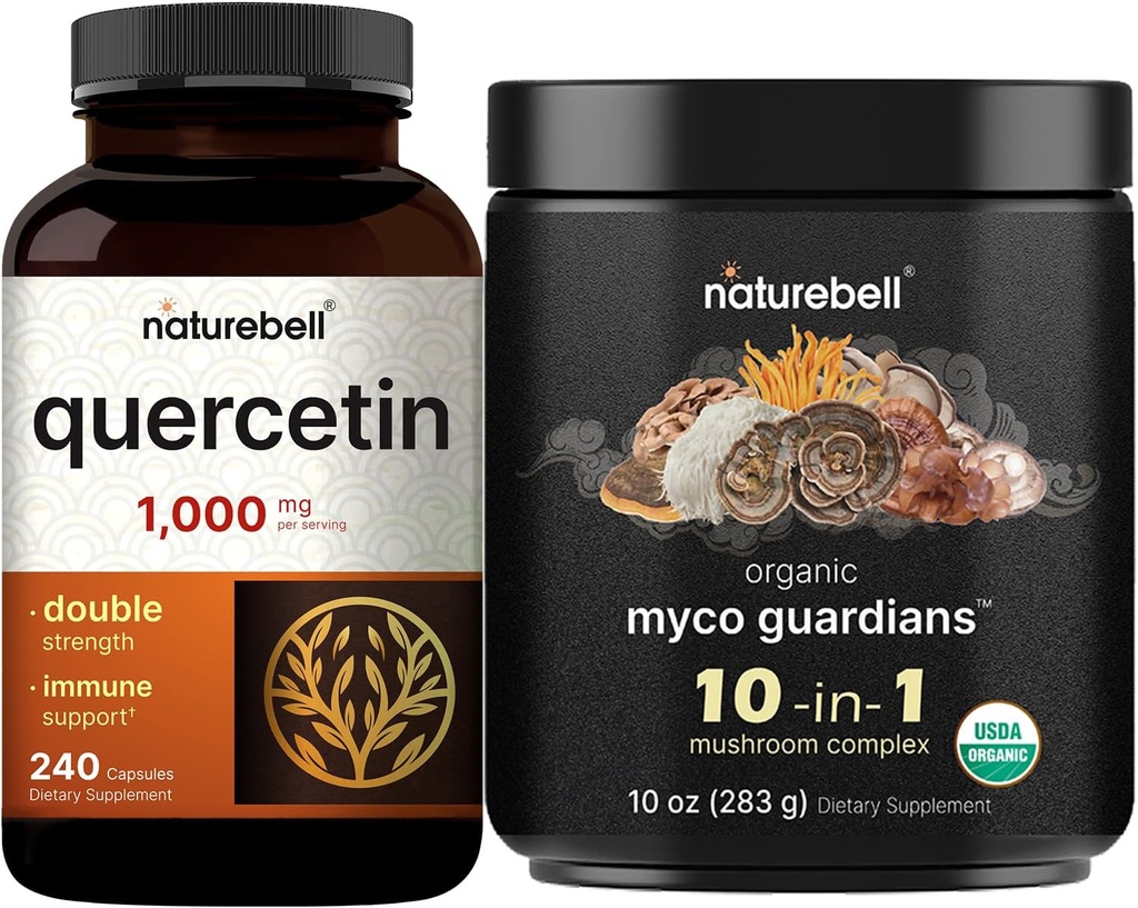 NatureBell Querbetin 1000 mg Per Serving & 10 in 1 Mushroom Powder, 10oz Bundle Pack 