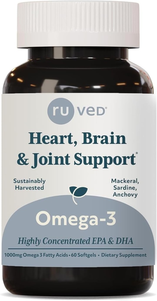ruved Omega-3 - Omega 3 ulei de pește, 1000 mg per capsulă, EPA & DHA supliment ulei de pește pentru femei și bărbați, inimă, creier, și suport comun - 60 capsule Softgel (1 Conte)