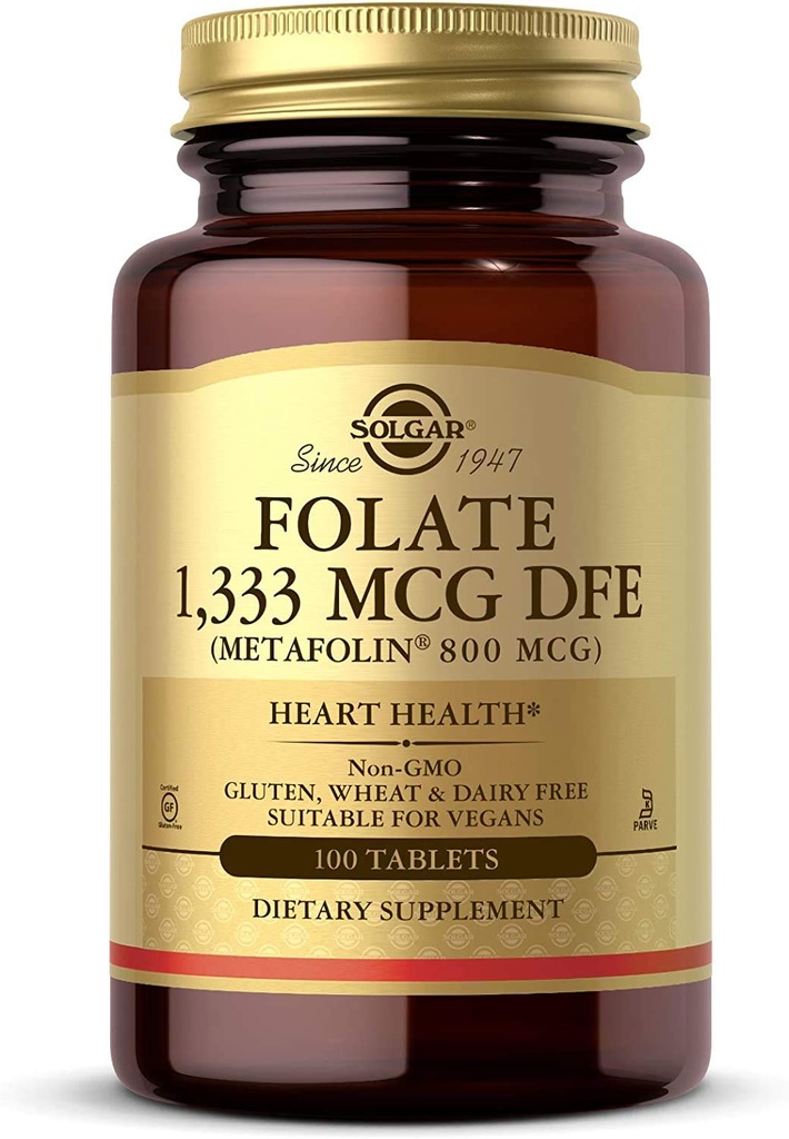 Solgar Folate 1,333 mcg DFE, 100 comprimate - 800 mcg Bio-Active Metafolin - Heart Health - Non-GMO, Vegan, Gluten Free, Dairy Free, Kosher - 100 Serviri
