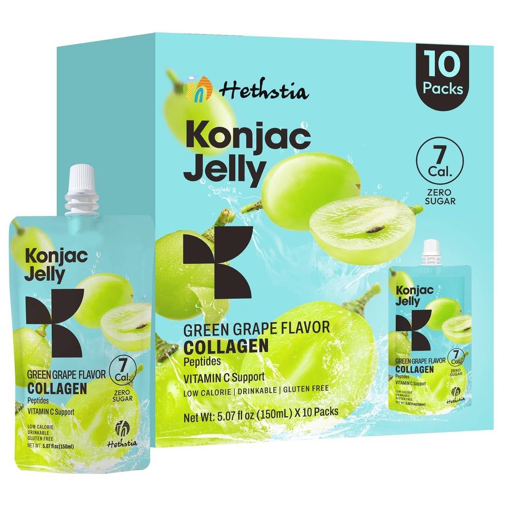Hethstia Konjac Jelly Green Grape Flavor, 10 Pouchs, Drinkable Grape Jelly with Colagen Peptides, 7 Kcal, Sugar Free, Gluten Free, Keto, Vegan, On-The-Go Chewy Light Snacks