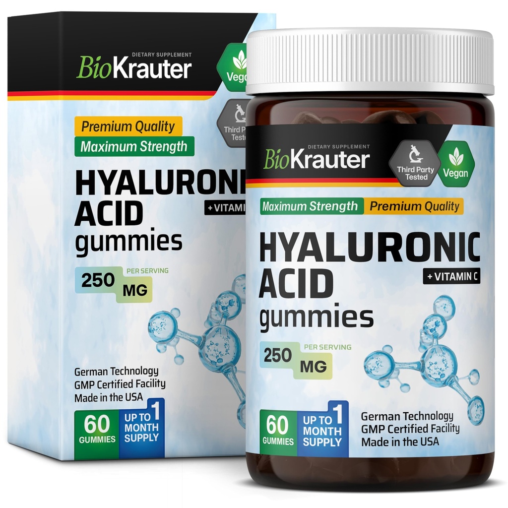 BIO KRAUTER Acid hialuronic Gummies w/Vitamina C - 250 mg - 60 Vegan Chews - Suplimente cu acid hialuronic - Pectin-Based