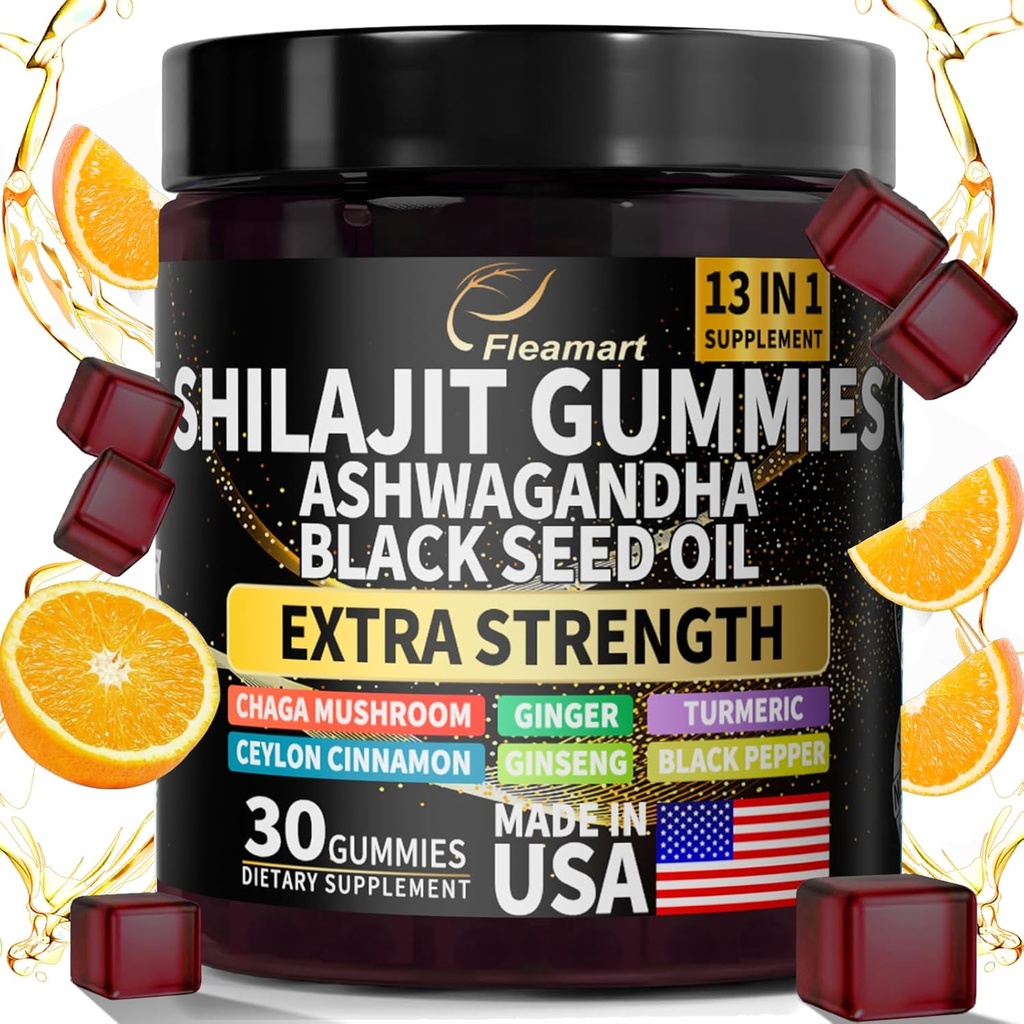 Gumiile Shilajit, Gumiile Shilajit Pure Himalayan cu Ashwagandha, Uleiul de seminte negru, Gumiile de zahar pentru barbati si femei, 30 Conte, Aroma Orange