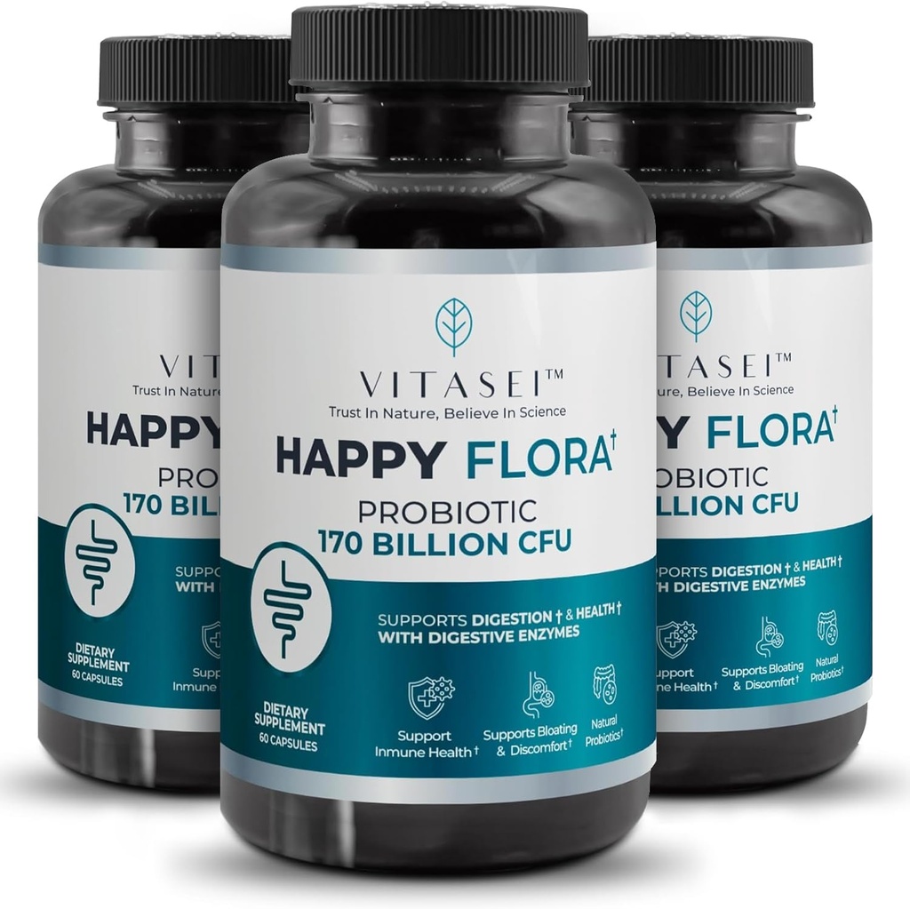 VITASEI Fericit Flora, Probiotic Supliment 170 Miliarde CFU pentru o sanatoasa Sanatate cu enzime pentru digestivie, probiotice pentru femei si barbati, 3 flacon - 180 capsule