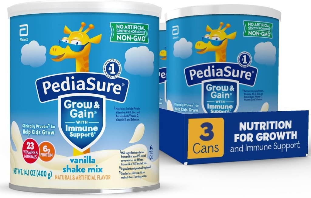 PediaSure Grow & Gain with Immune Support Mix Powder, 23 Vitamine & Minerale, 6g Proteine, Non-GMO, Gluten-Free, Vanilla, 14,1 oz Can, Pachet de 3-24 portii