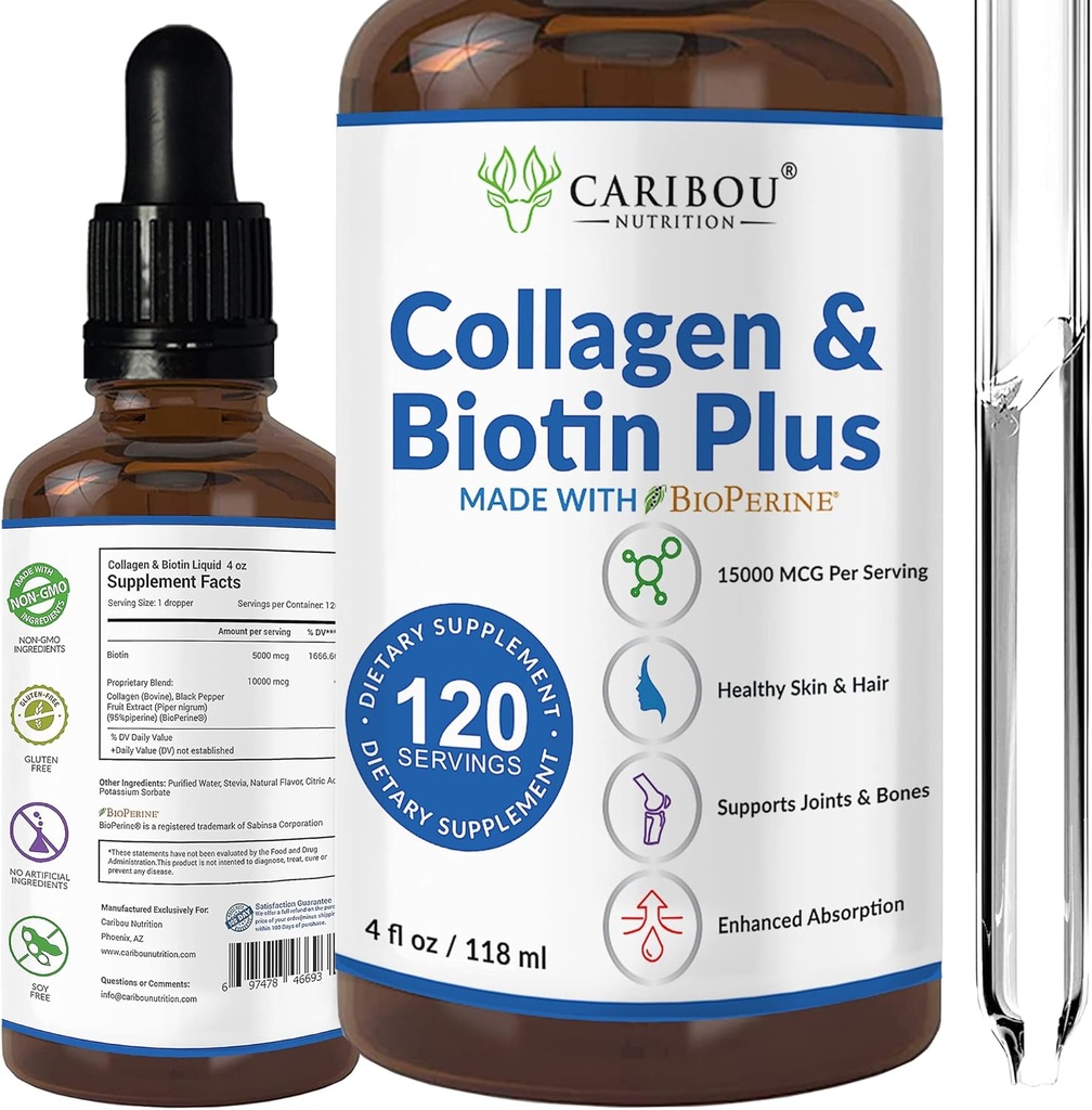 Colagen lichid & Biotină lichidă cu bioPerine pentru absorbție îmbunătățită - 10000mcg Colagen lichid & 5000mcg Biotin lichid - Colagen lichid pentru femei - 4 luni de aprovizionare de suplimente de Biotină și Colagen